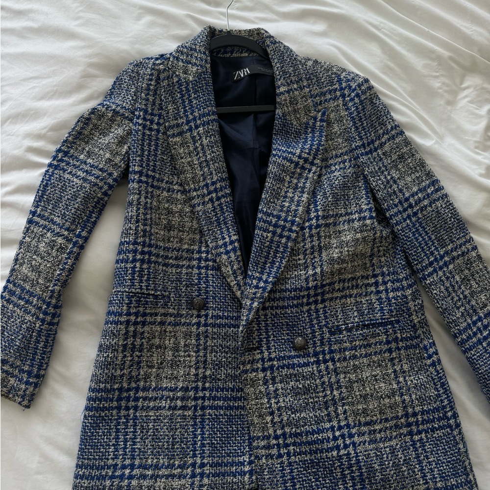 Zara Navy and Gray Checkered Blazer